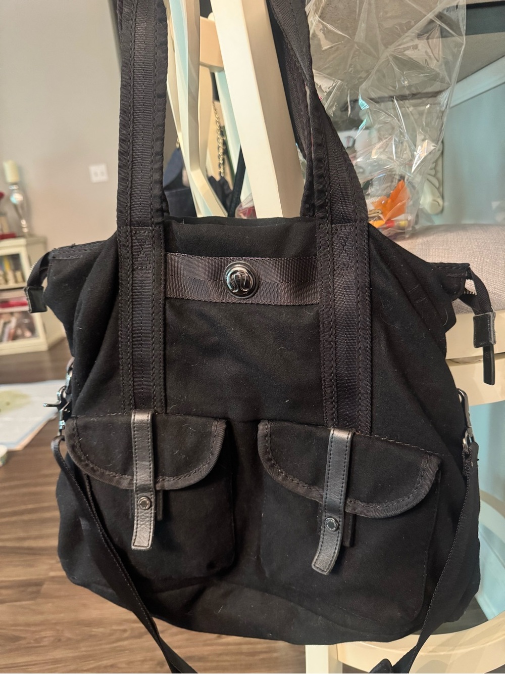 lululemon athletica Black Canvas Shoulder Tote with Front Pockets